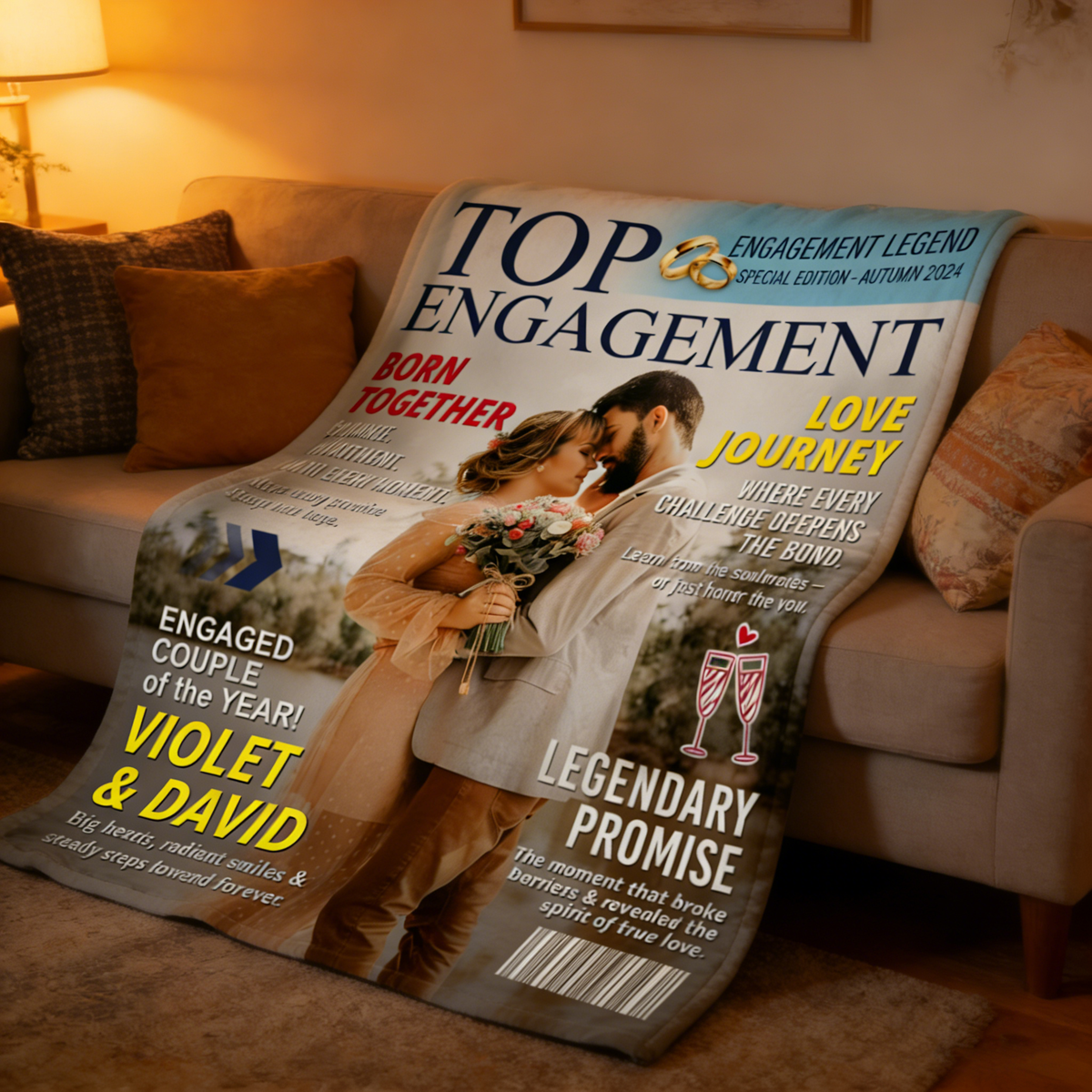 Personalized Custom Couple Photo Engagement Magazine Cover Blanket, Wedding Keepsake