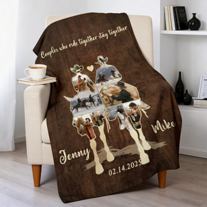 Custom Couple Cowboy Photo Collage Blanket , Personalized Couple Horse Riding Gift, Riding Partners Horse Riding Gifts