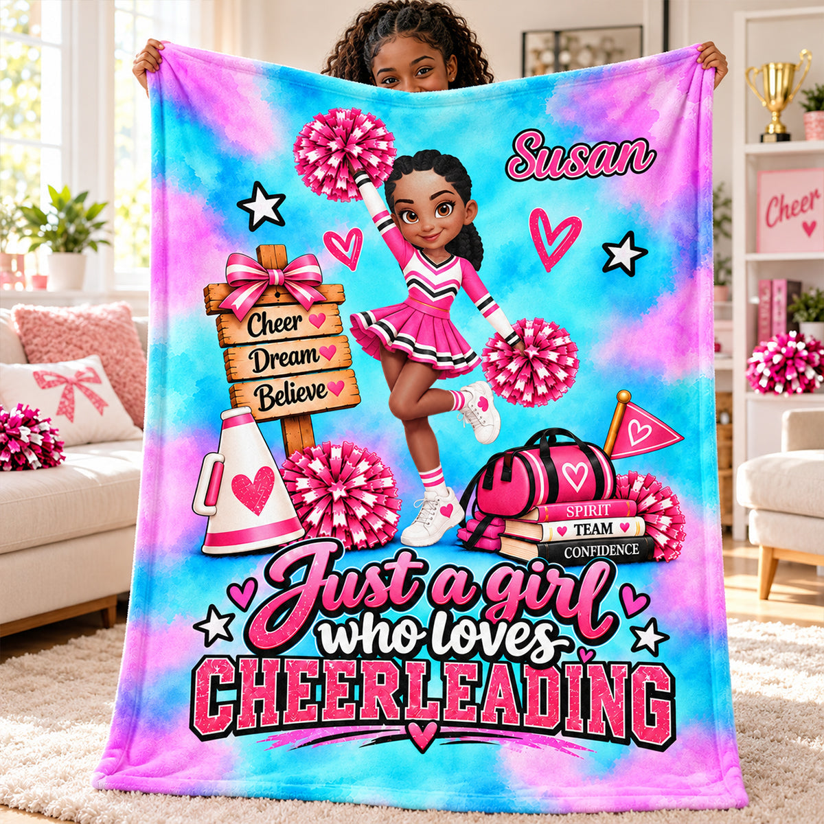 Just A Girl Who Loves Cheerleading – Personalized Fleece Blanket | Custom Name Christmas Gift For Daughters, Granddaughters & Cheerleaders