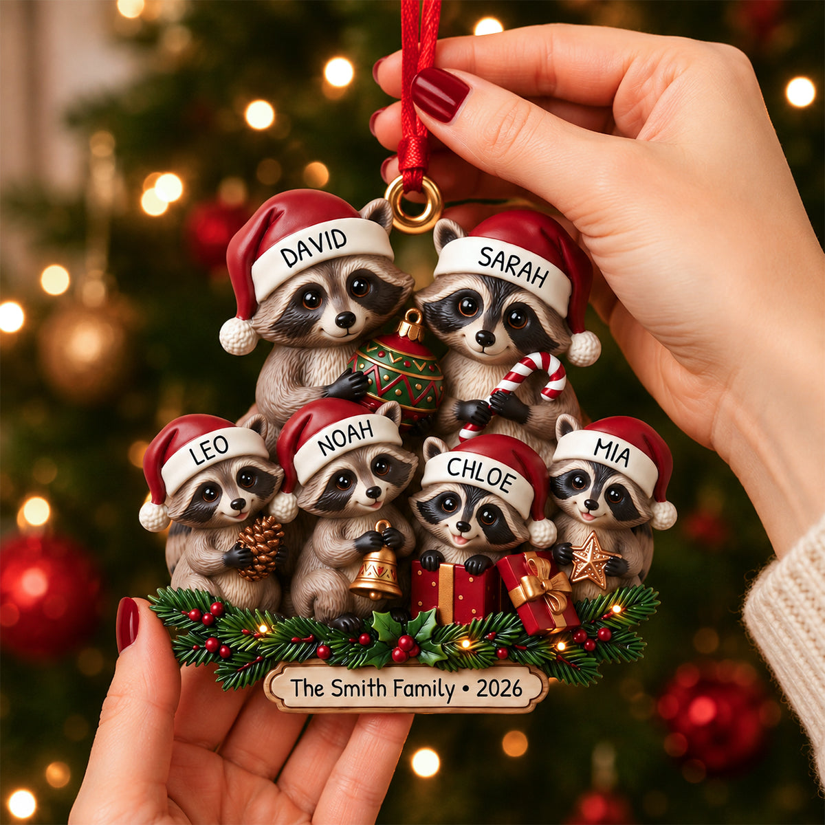 "Lovely Raccoon Family" – Personalized Acrylic Ornament | Christmas Gift For Families