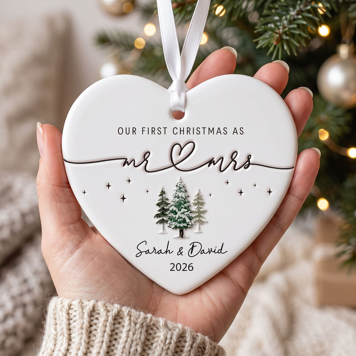 Personalized "Our First Christmas As Mr. & Mrs." Heart Ceramic Ornament – Custom Couple Names & Year | Minimalist Newlywed Keepsake