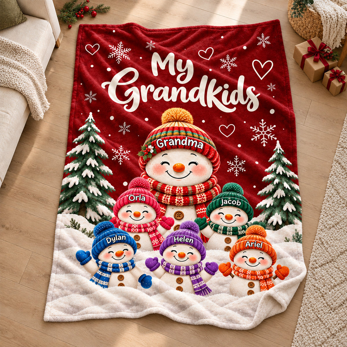 Personalized Grandkids Snowman Christmas Fleece Blanket – Custom Grandchildren’s Names Throw | Holiday Gift For Grandma & Nana