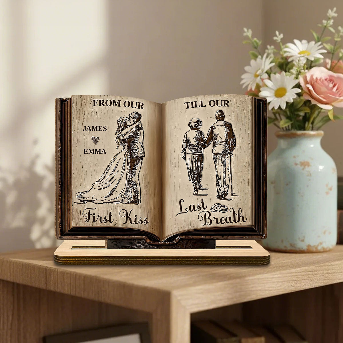 From Our First Kiss Till Our Last Breath Book Shape Wooden Plaque, Personalized Valentines Gift