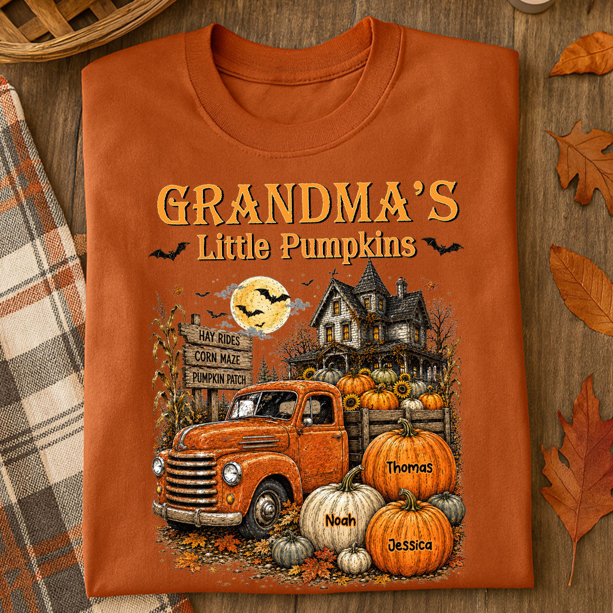 "Grandma's Little Pumpkins" – Retro Vintage Farmhouse Halloween Truck Shirt | Personalized Gift For Grandma