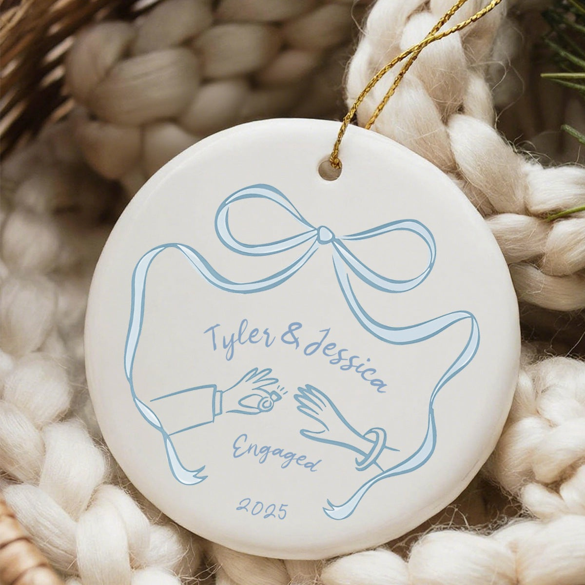 First Christmas Engaged Ceramic Ornament, Personalized Engagement Gift for Couples