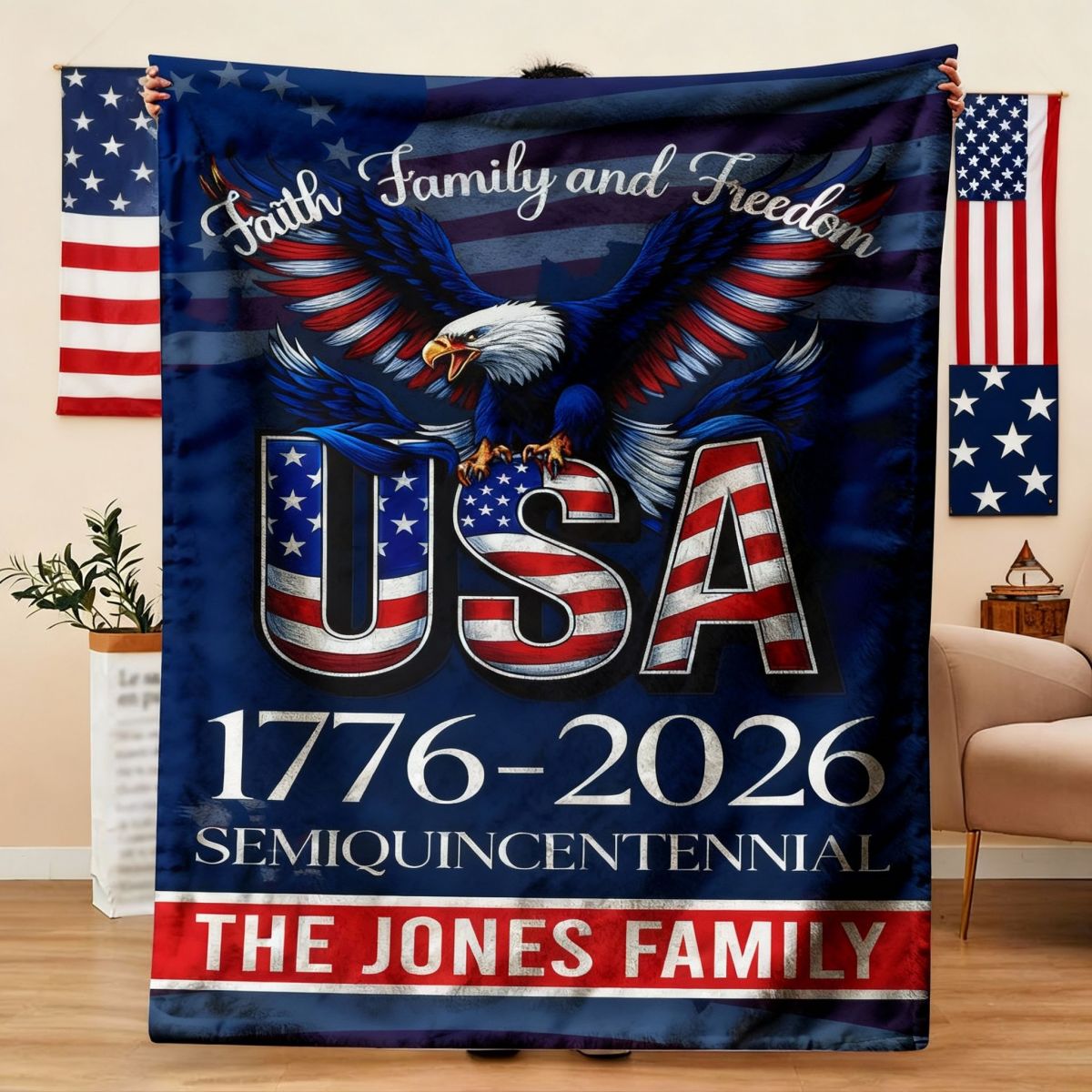 Custom Name Faith, Family & Freedom America 250 Years Patriotic Blanket