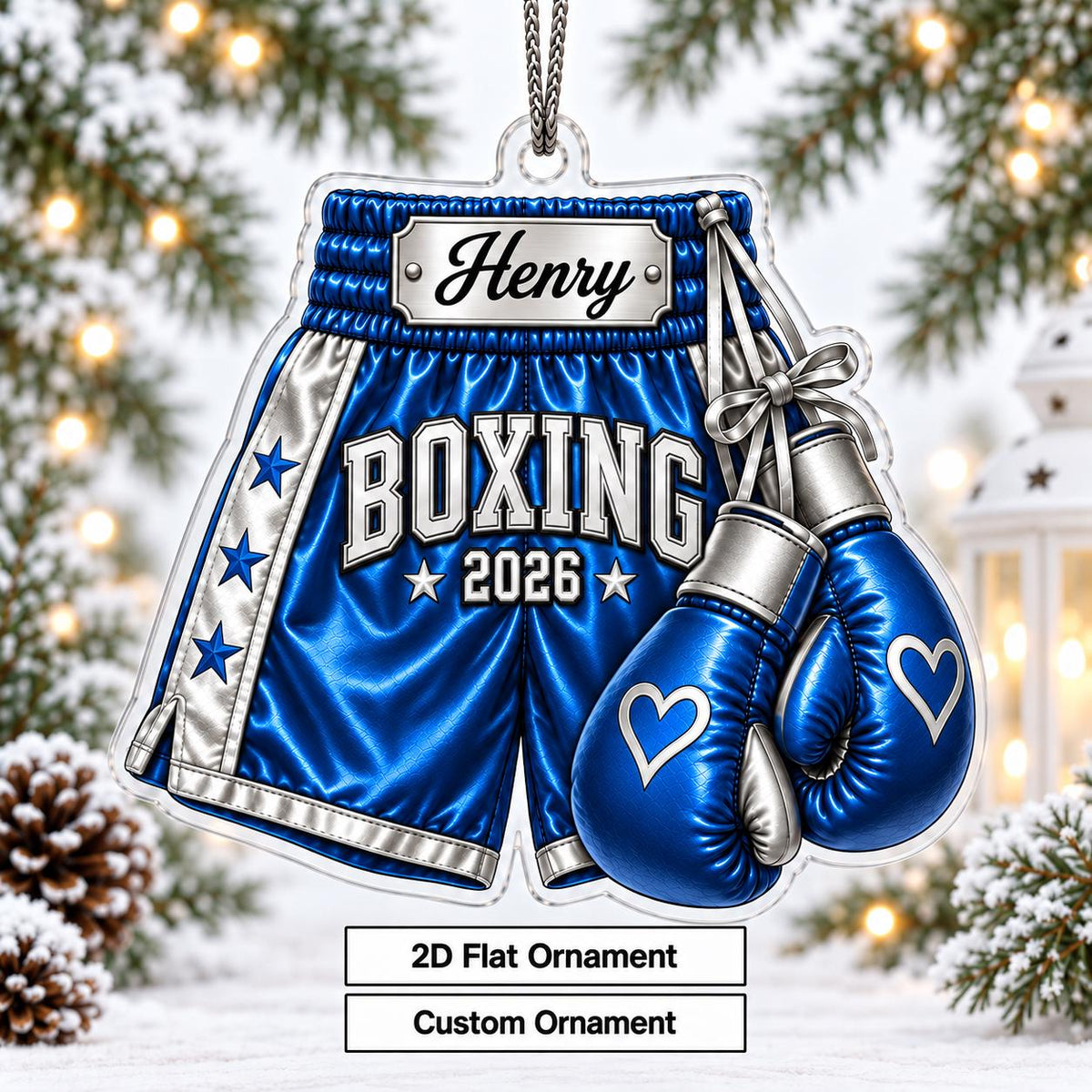 Personalized Boxing Gloves & Shorts Christmas Ornament 2026 – Custom Name Acrylic Keepsake | Gift For Boxers & Coaches