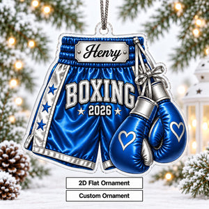 Personalized Boxing Gloves & Shorts Christmas Ornament 2026 – Custom Name Acrylic Keepsake | Gift For Boxers & Coaches