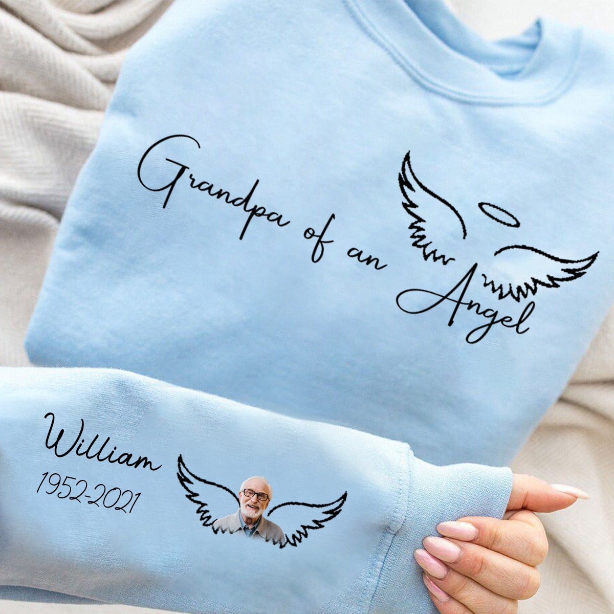 Memorial Custom Photo Wings On Sleeve, Momma Daddy Of An Angel Personalized Sweatshirt