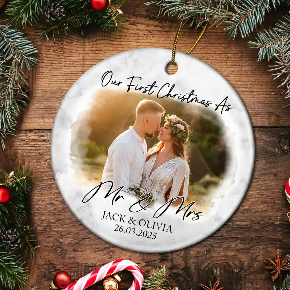 Custom Photo First Christmas Couples - Personalized Circle Ceramic Ornament