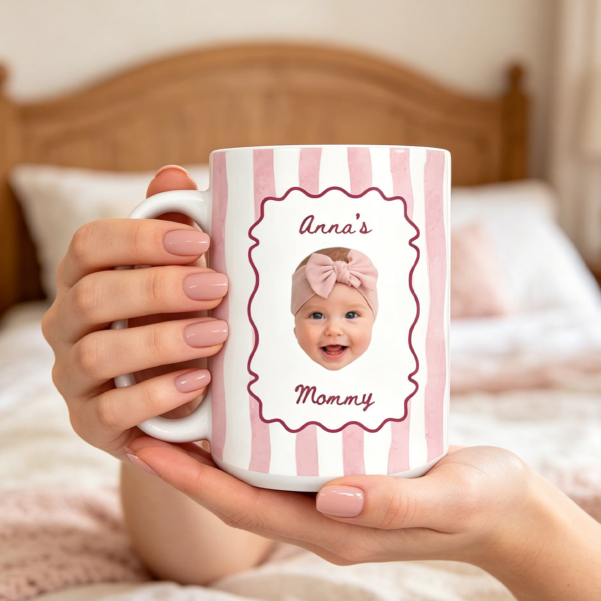 A Tiny Face, A Lifetime Of Love - Personalized Mug, Gift For Mom, Custom Photo Keepsake, Minimalist Pastel Color Stripe Design