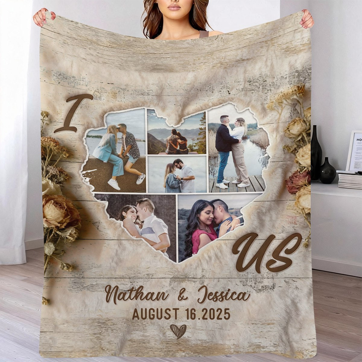 Custom Heart Shaped Photo Collage Vintage Blanket, Personalized Photos Of Us Picture Collage Gift, Wedding Anniversary Valentines Gift For Her Him