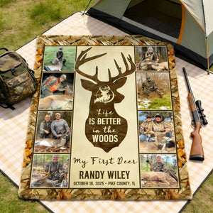 Hunting Deer Photo Collage Blanket, First Deer Gift, Hunting Blanket Gifts For Dad, Anniversary Gifts For Him