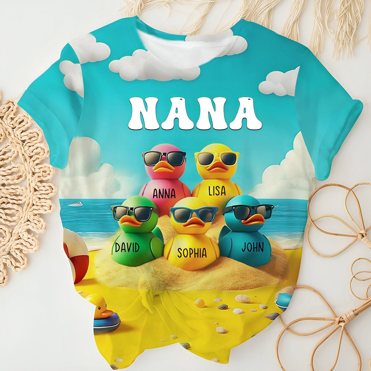 Personalized Ducklings Grandkids Summer Beach 3D T Shirt Gift For Grandma