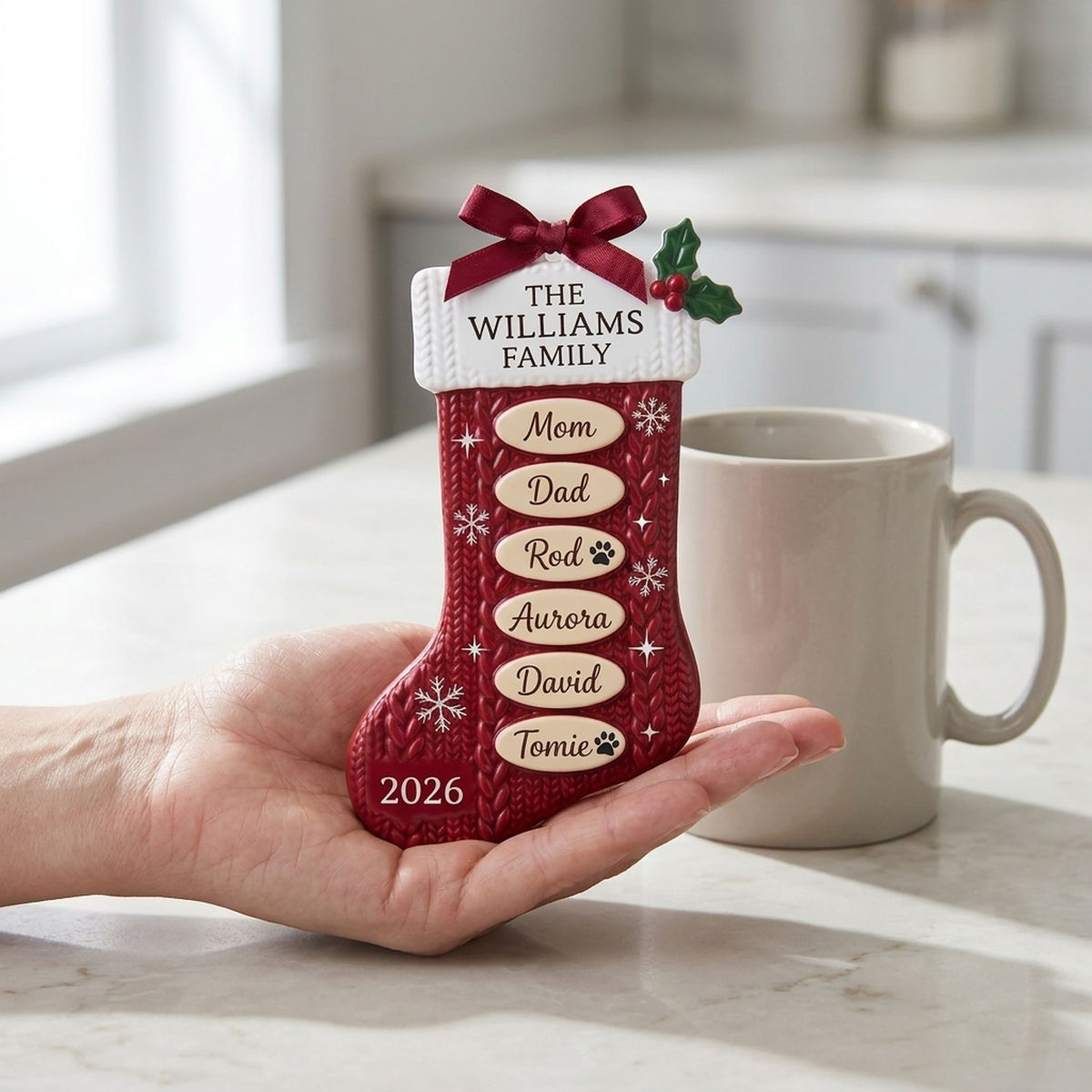 Personalized Red Knit Stocking Family Ornament – Custom Family Name, Year & 10 Names | Acrylic Custom Shape Keepsake