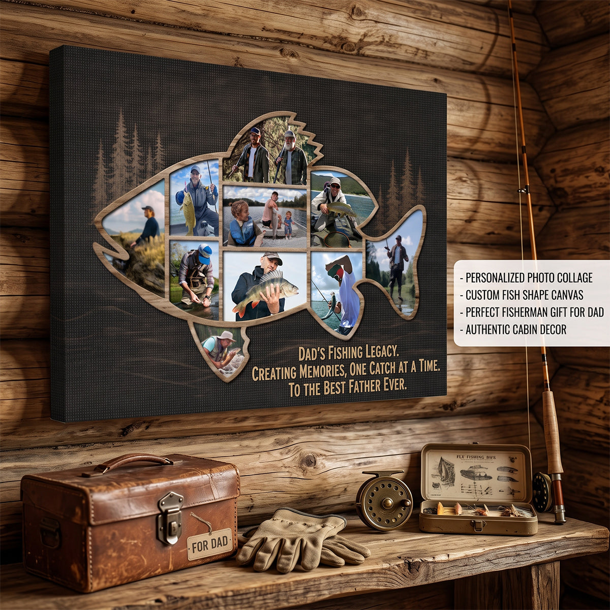 Personalized Fish Shape Canvas – Fishing Wall Art Gift For Dad & Cabin Decor