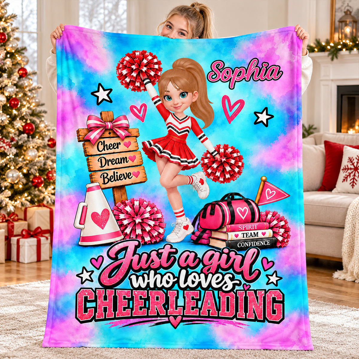 Just A Girl Who Loves Cheerleading – Personalized Fleece Blanket | Custom Name Christmas Gift For Daughters, Granddaughters & Cheerleaders