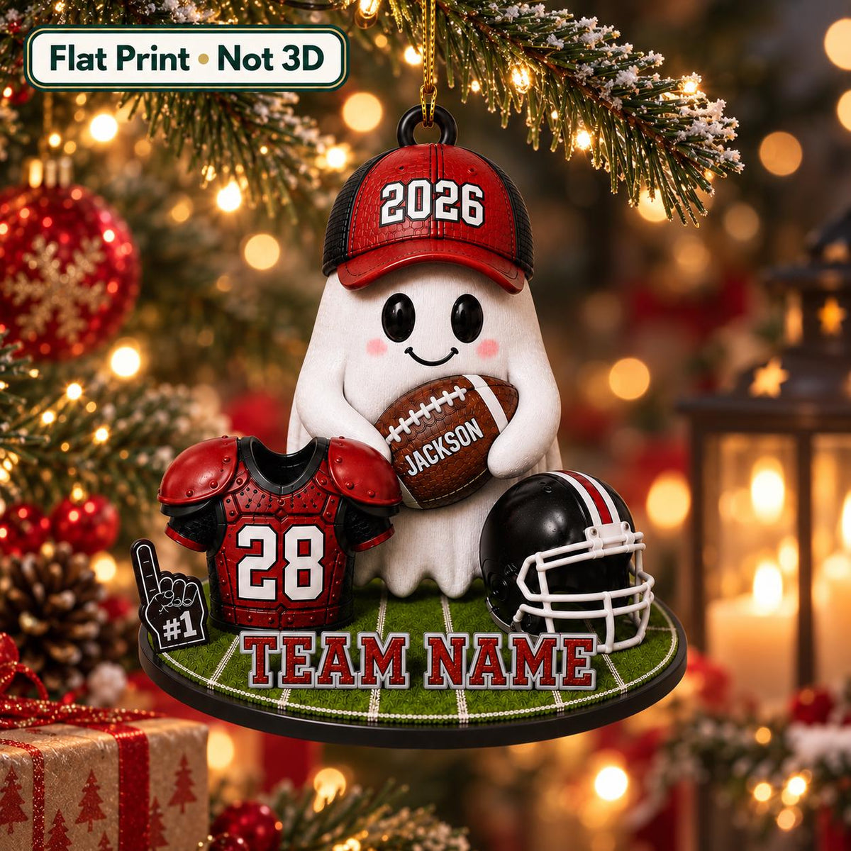 Personalized Football Ghost Christmas Ornament 2026 – Custom Name & Team Keepsake | Gift For Football Players & Fans