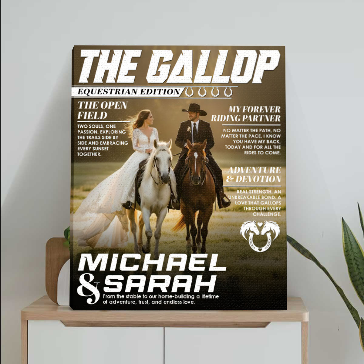 Horse Lover Couple Gift, Personalized Horse Magazine Cover Canvas, Custom Equestrian Anniversary Photo Canvas