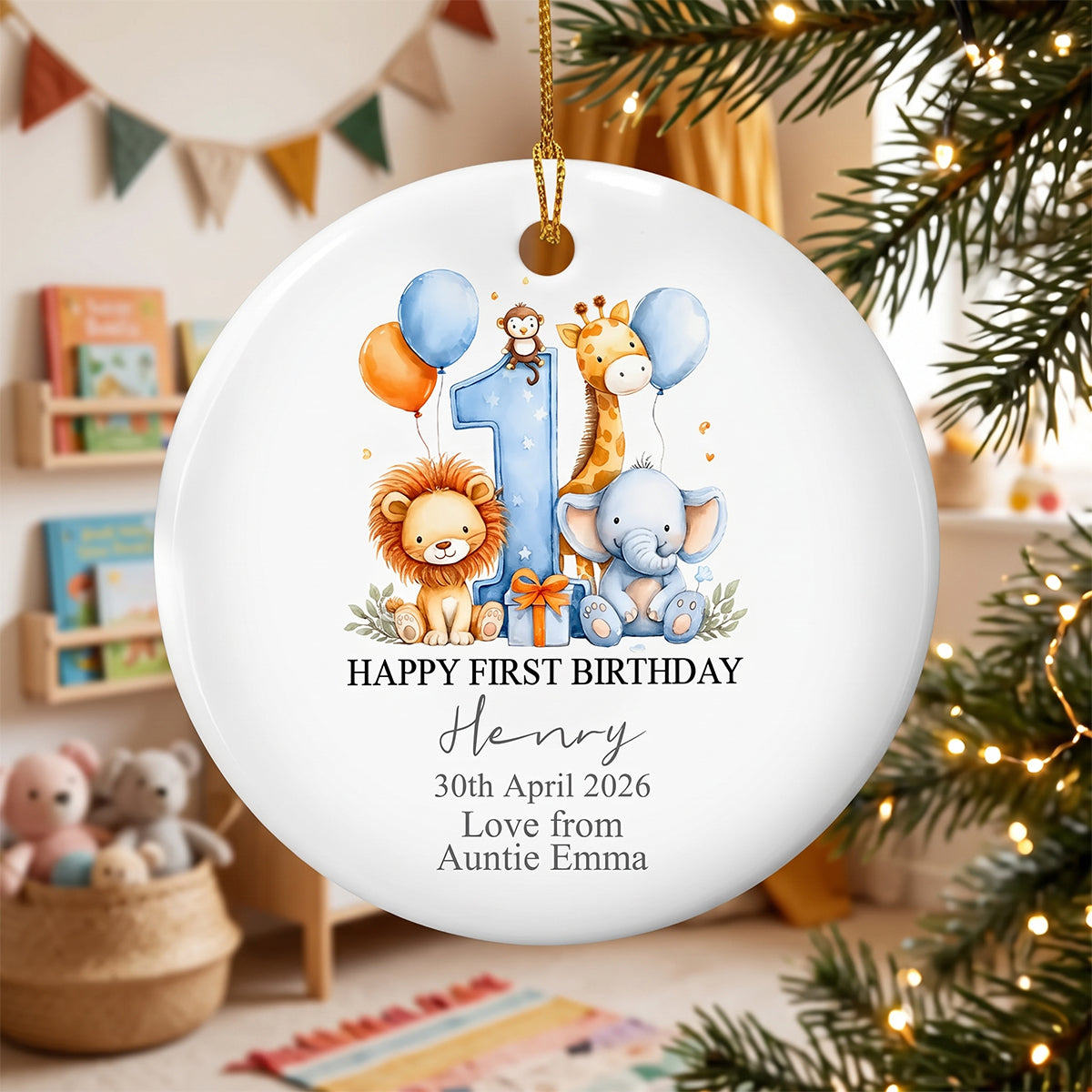 Happy First Birthday with Safari Animals Personalized Ceramic Ornament First Birthday Ornament Keepsake Gift with Safari Animals
