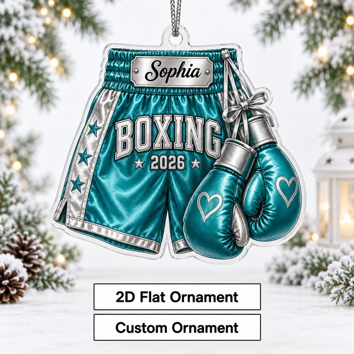 Personalized Boxing Gloves & Shorts Christmas Ornament 2026 – Custom Name Acrylic Keepsake | Gift For Boxers & Coaches