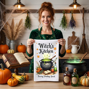 Personalized "Witch's Kitchen" Halloween Kitchen Towel – Brewing Something Special | Fall Witch Decor & Spooky Cauldron Tea Towel
