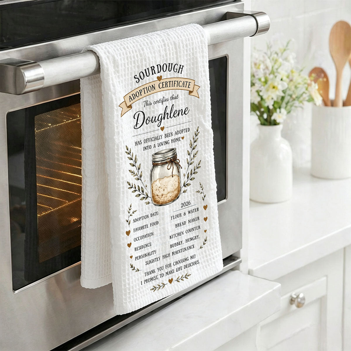 Custom Sourdough Adoption Certificate Kitchen Towel – Personalized Baking Gift For Bread Lovers