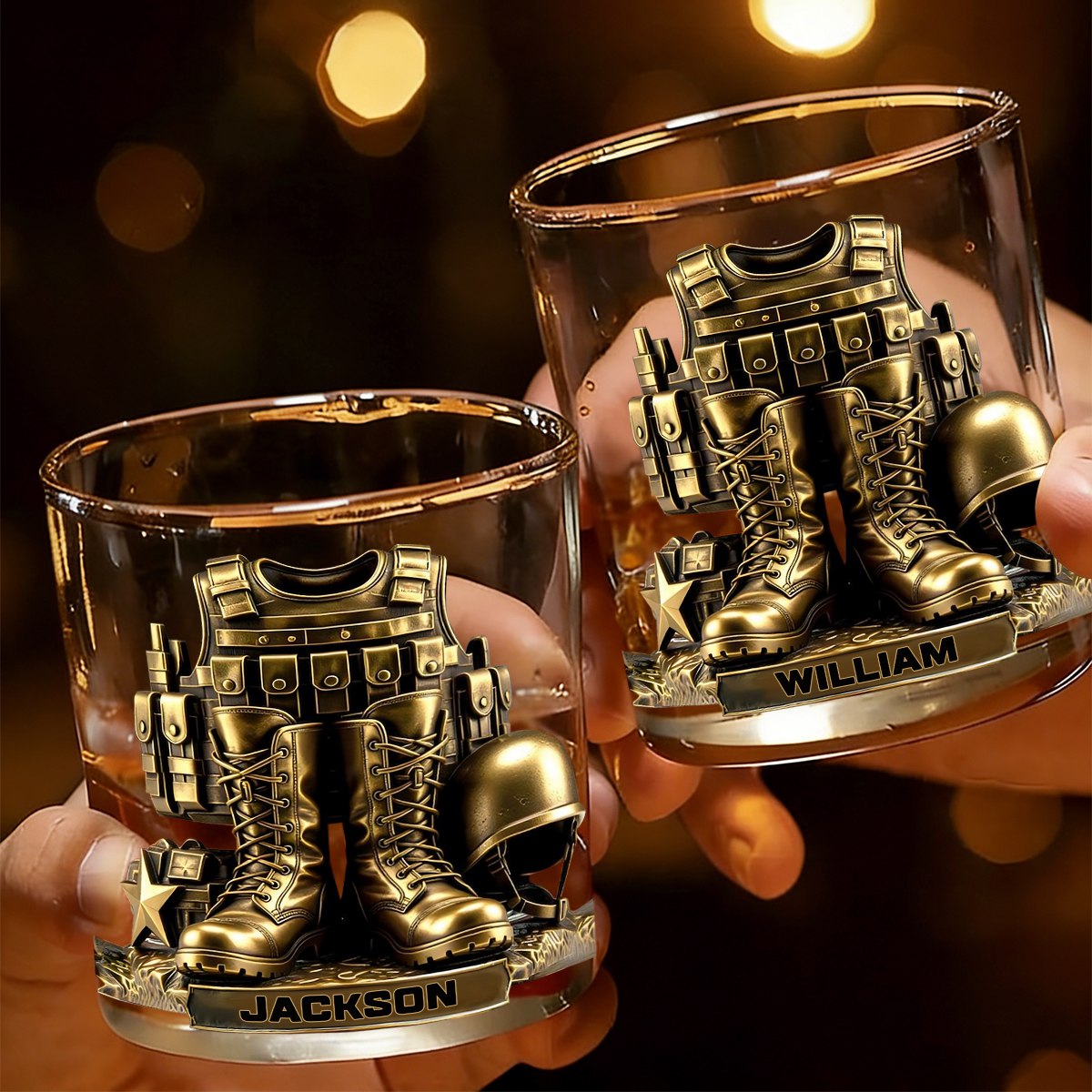 Custom Name 250th US Military Whiskey Glass Gold, Soldier Boots Whiskey Glass