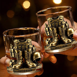 Custom Name 250th US Military Whiskey Glass Gold, Soldier Boots Whiskey Glass