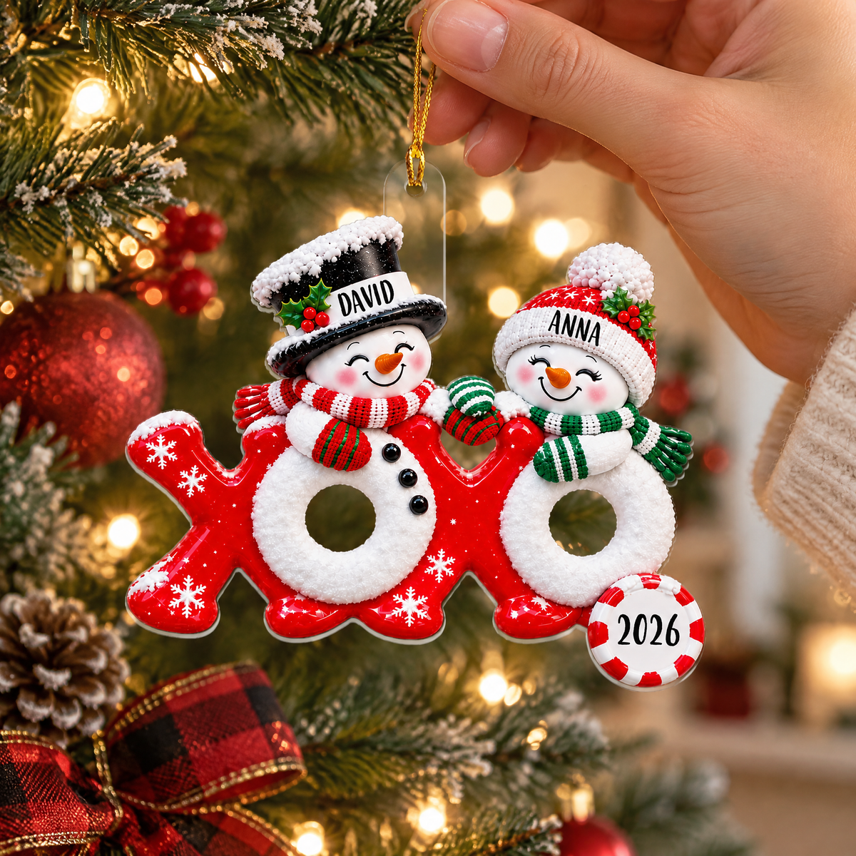 Personalized Snowman Couple XOXO Acrylic Ornament – Christmas Keepsake Gift For Couples