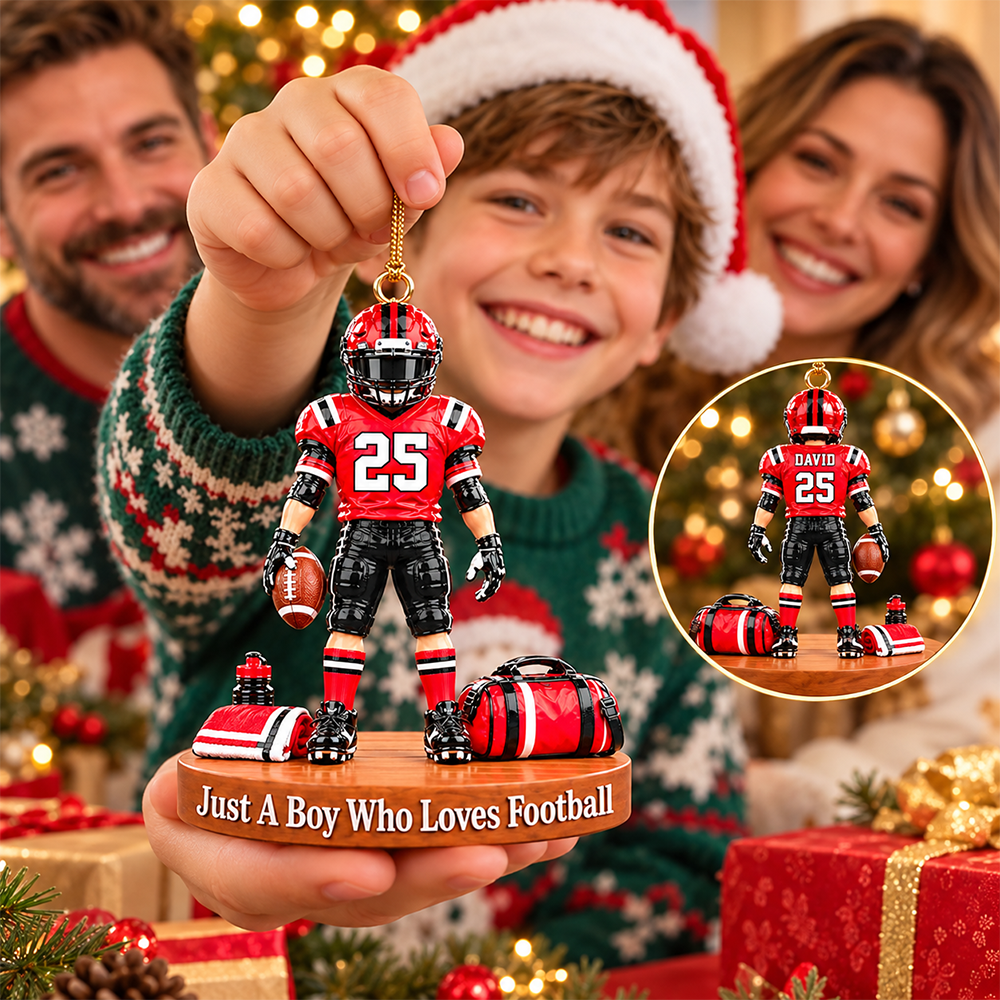 Just A Boy Who Loves Football – Personalized Christmas Ornament | Custom Name, Jersey Number & Uniform Colors | Gift For Football Players