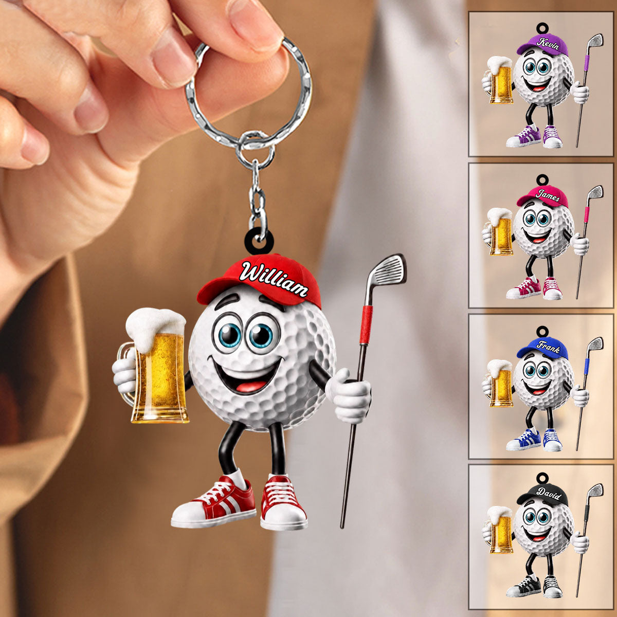Toasting Golf Ball Keychain - Personalized Cute Beer Golf Mascot Keychain