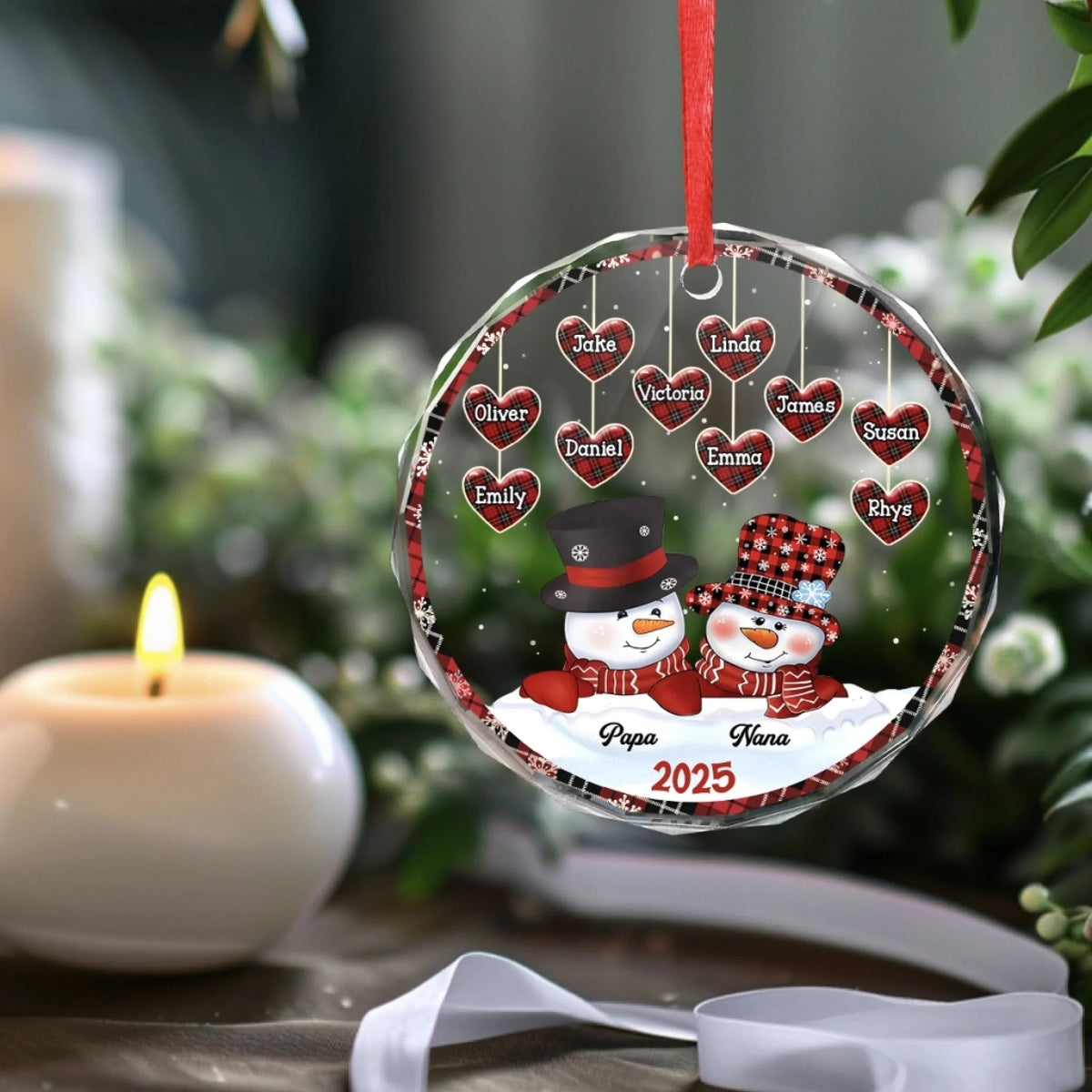 Family Snowman Personalized Circle Glass Ornament - Christmas Gift For Grandma, Grandpa