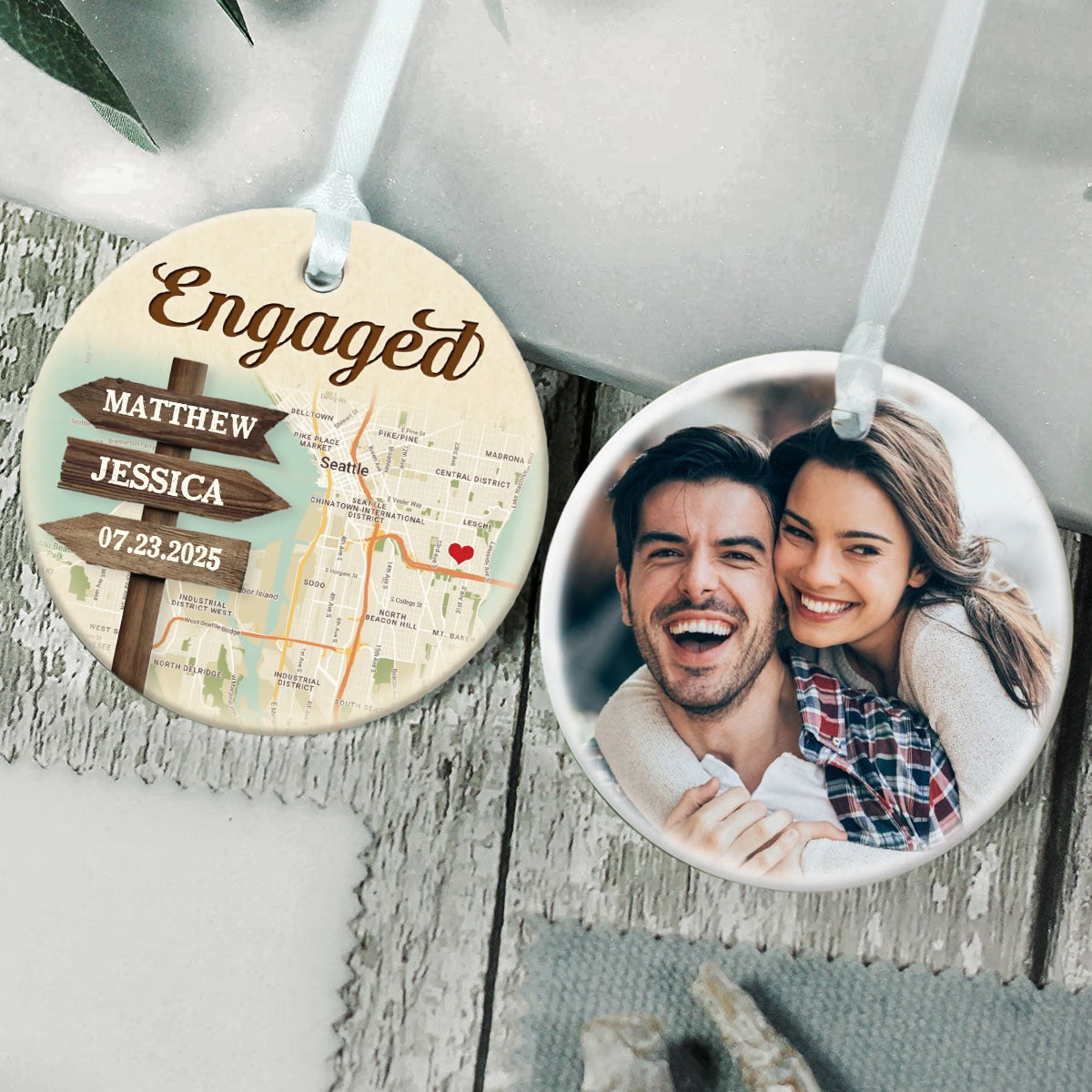 Personalized Signpost Location Map Engagement Ornament - Anniversary Gift For Couples