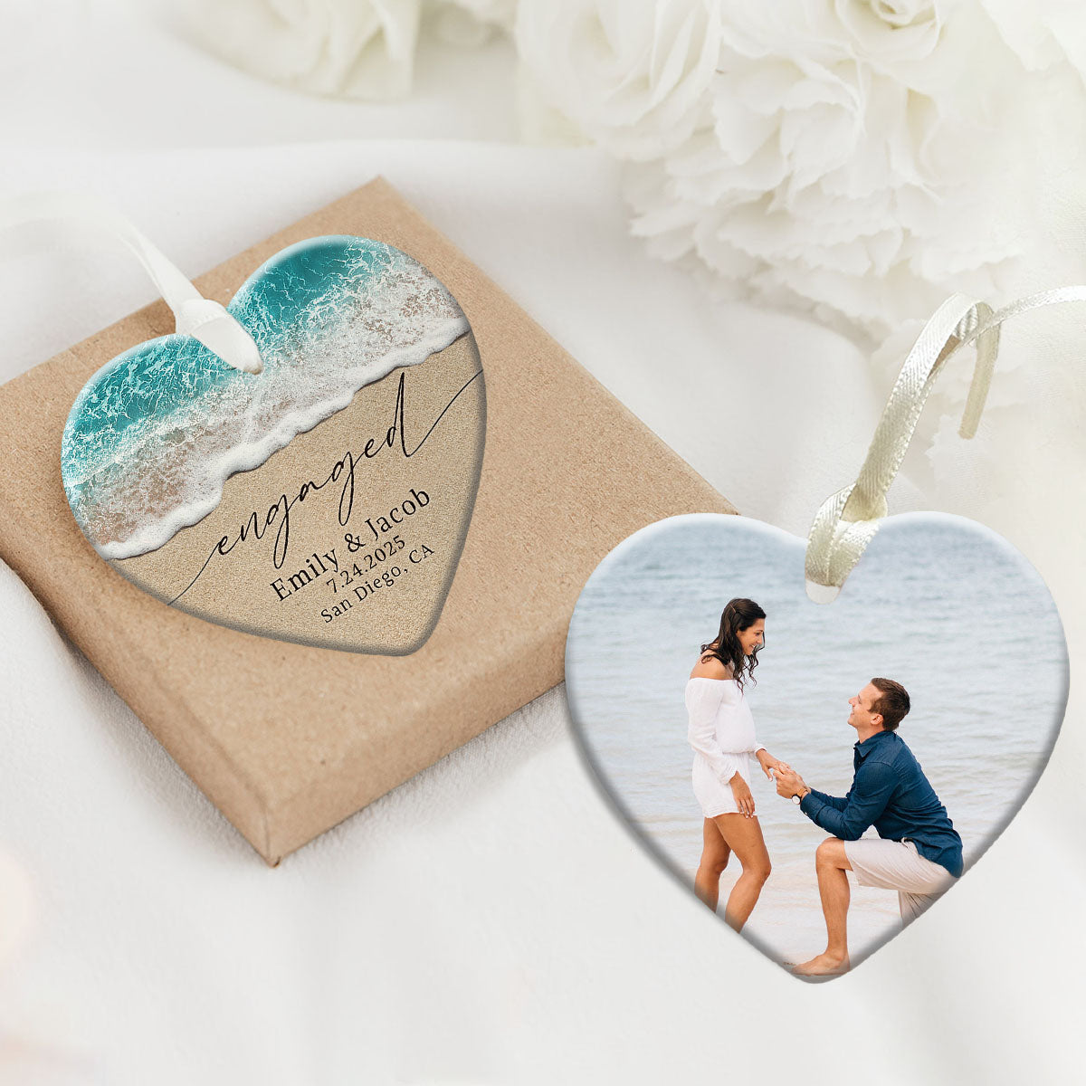 Custom Photo Beach Engaged Ornament,Personalized Engagement Gifts For Newly Engaged Couple