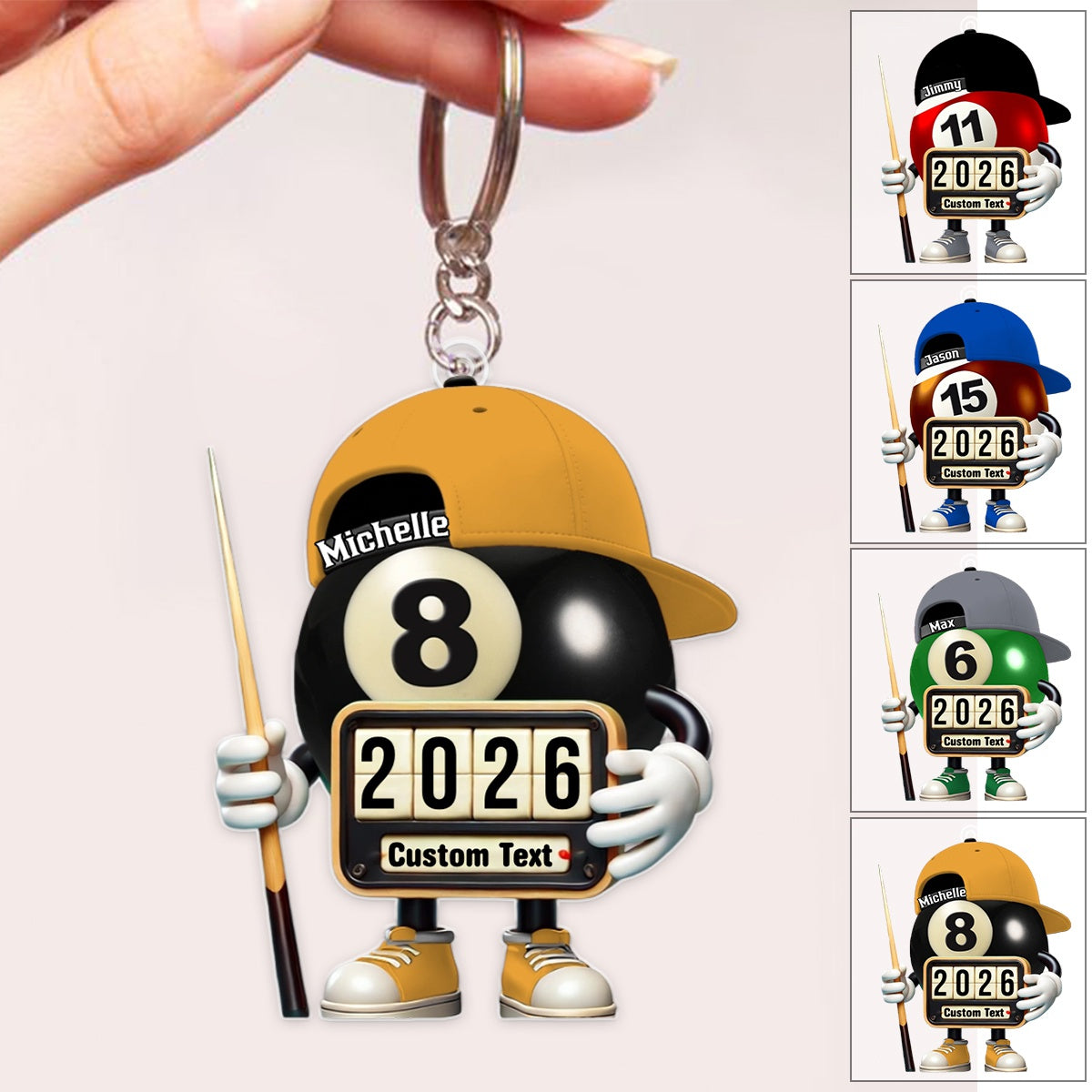 Custom Name and Year Billiard Keychain, Billiard Lover Gift