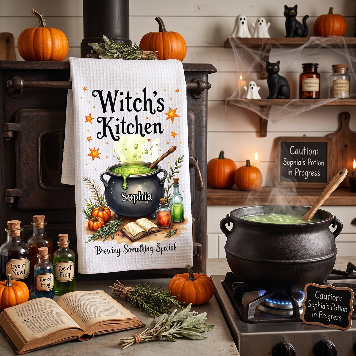 Personalized "Witch's Kitchen" Halloween Kitchen Towel – Brewing Something Special | Fall Witch Decor & Spooky Cauldron Tea Towel