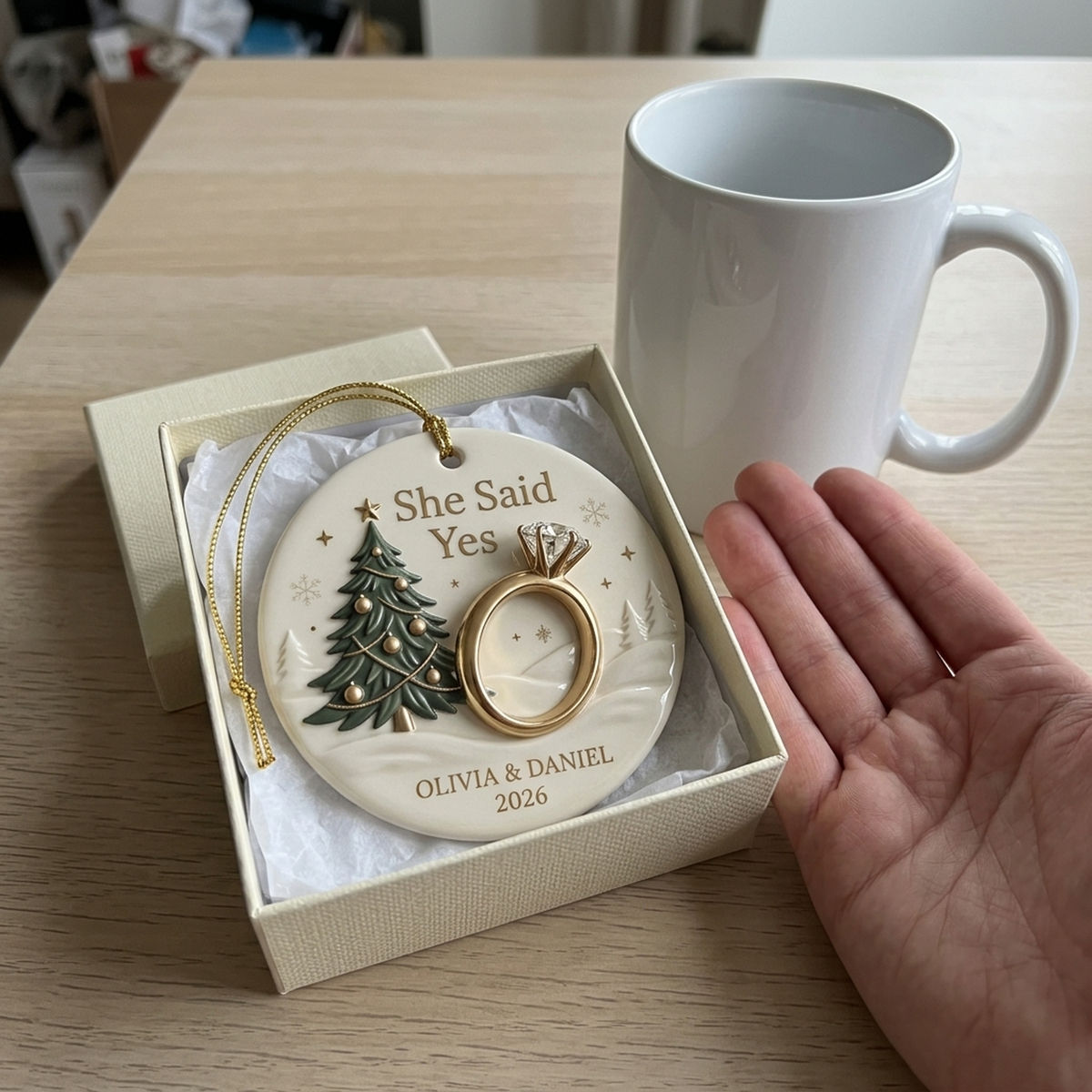 She Said Yes – Personalized Engagement Ceramic Ornament | Custom Couple Names Round Keepsake Gift