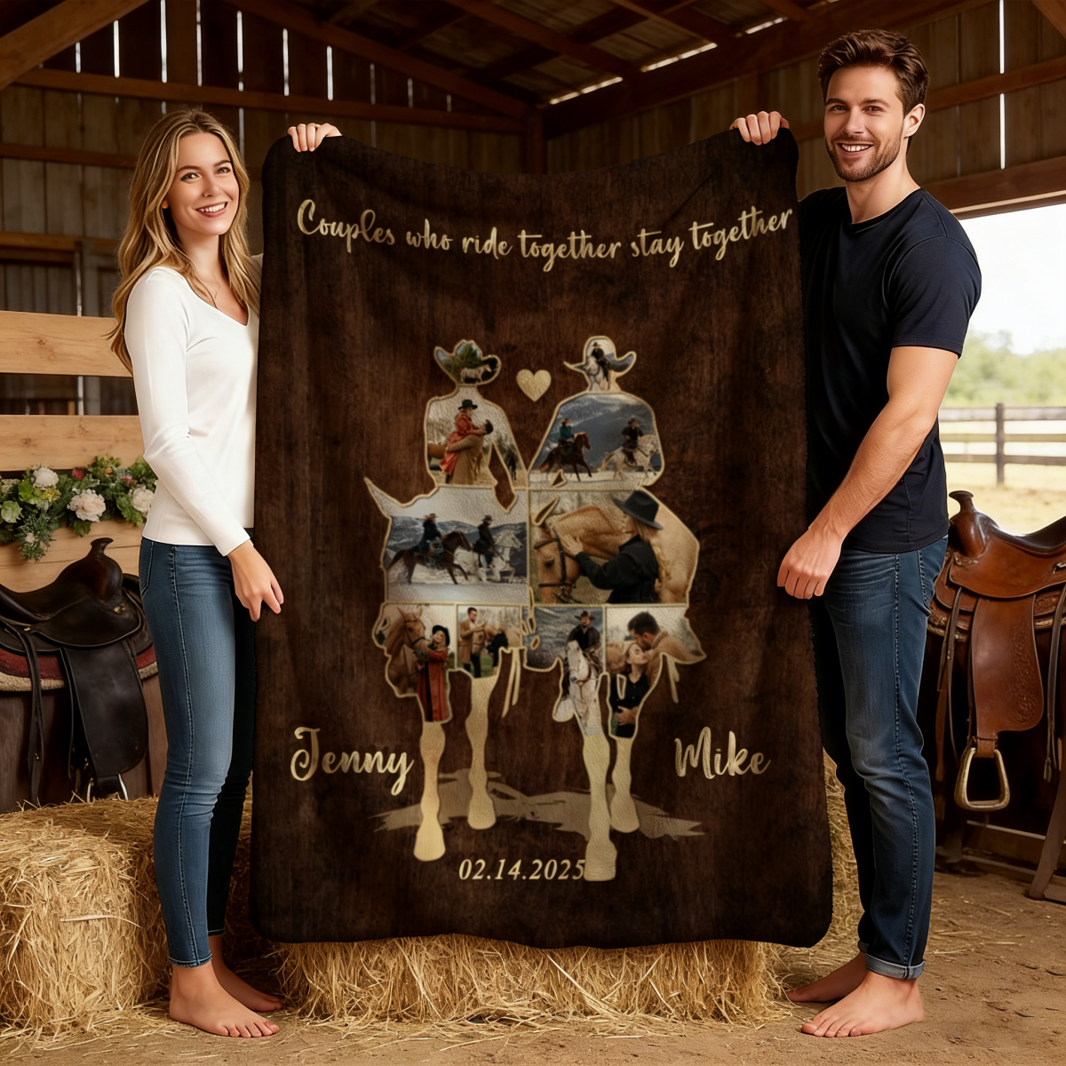 Custom Couple Cowboy Photo Collage Blanket , Personalized Couple Horse Riding Gift, Riding Partners Horse Riding Gifts