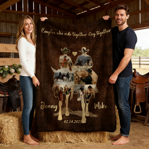 Custom Couple Cowboy Photo Collage Blanket , Personalized Couple Horse Riding Gift, Riding Partners Horse Riding Gifts