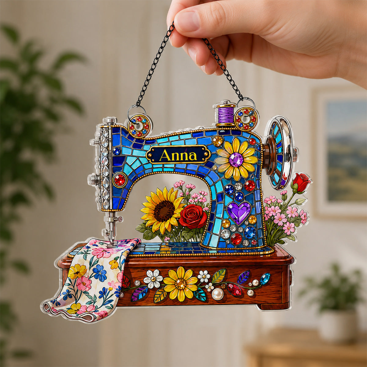 Meaningful Gift For Sewing Lovers – Personalized Floral Sewing Machine Acrylic Suncatcher