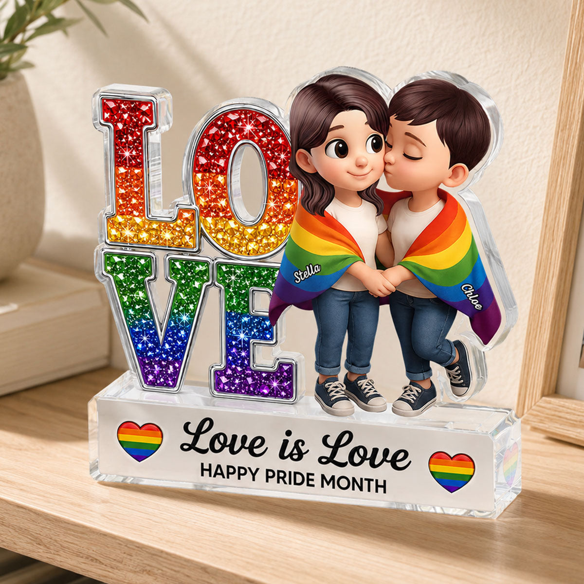 Pride Month Gift for LGBTQ+ Couple – Personalized "Love Is Love" Acrylic Block Plaque