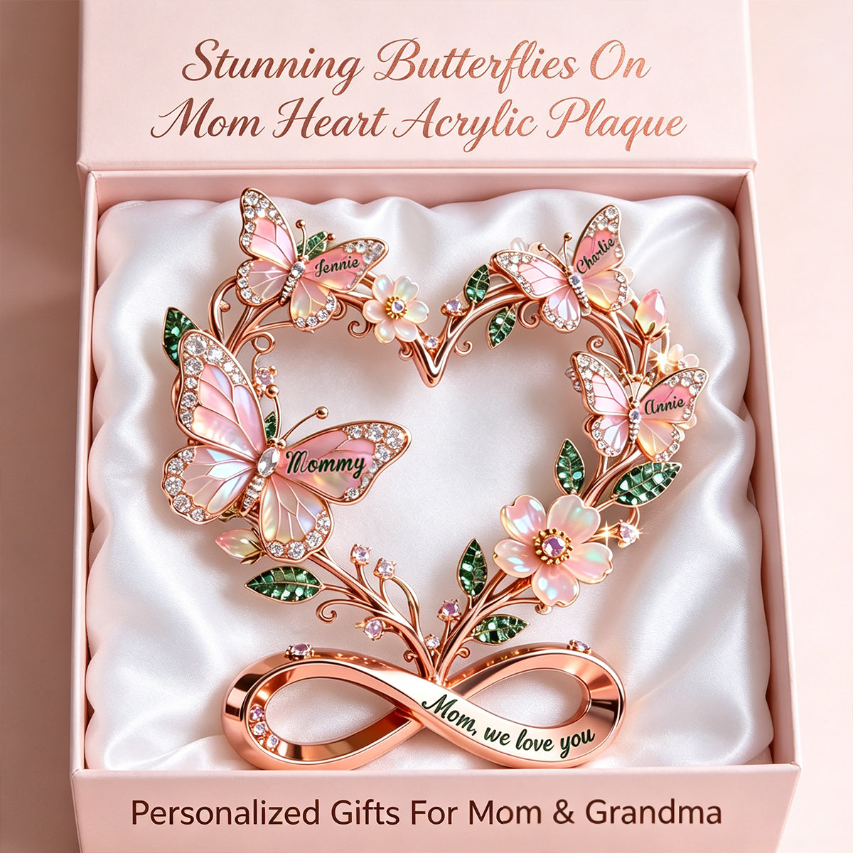 Personalized Stunning Butterflies On Mom Heart Acrylic Plaque, Gifts For Mom & Grandma