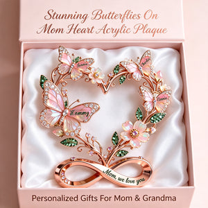 Personalized Stunning Butterflies On Mom Heart Acrylic Plaque, Gifts For Mom & Grandma