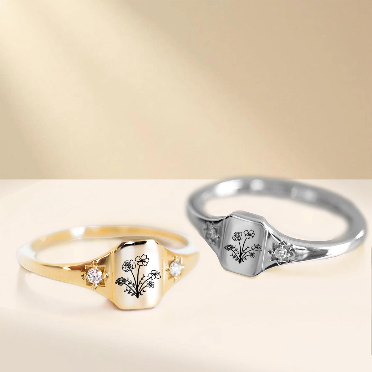 Personalized Birth flower gold ring, Statement flower rings for women, Minimalist ring