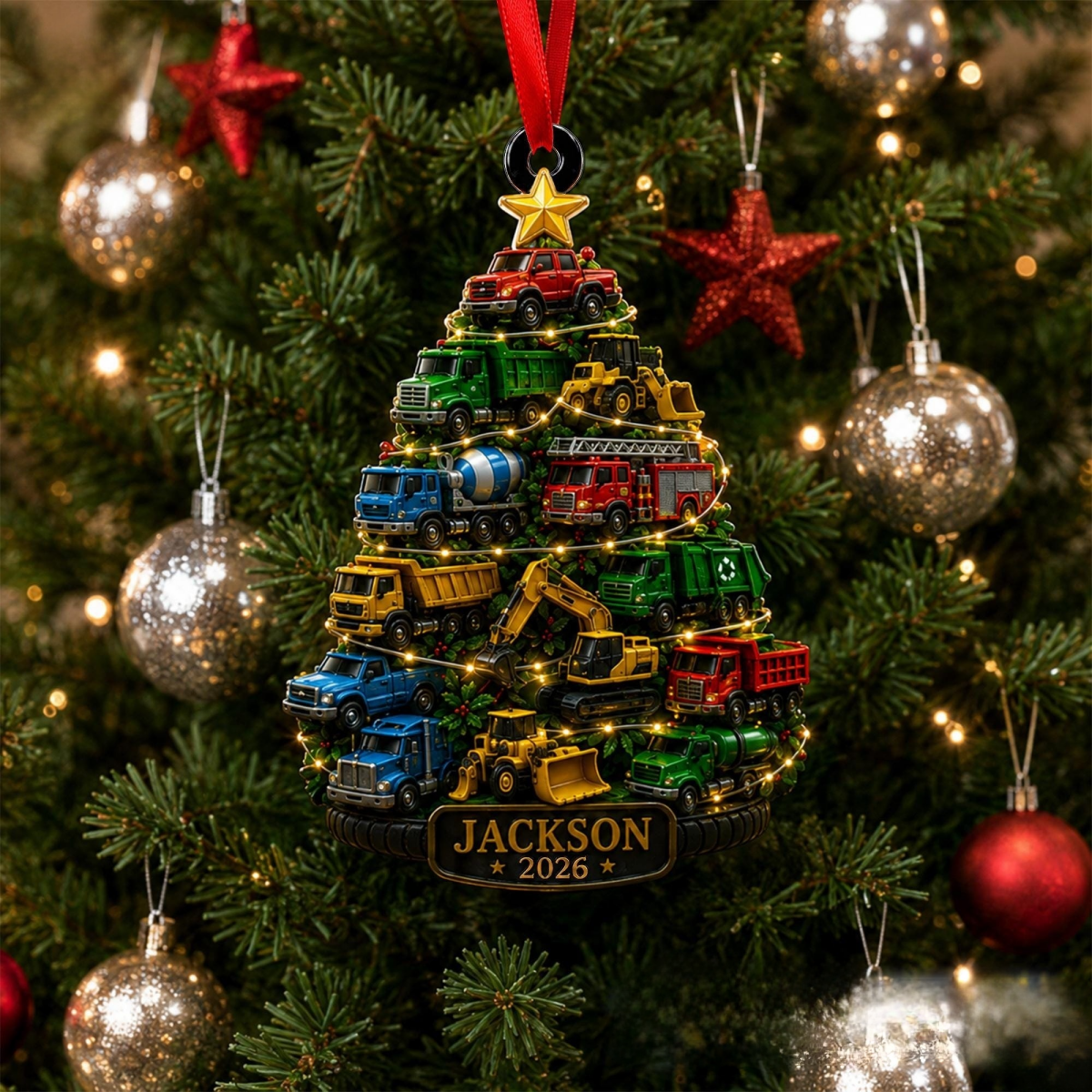 Custom Truck Kid Christmas Ornament – Personalized Name Construction Truck Decor | Gift For Child