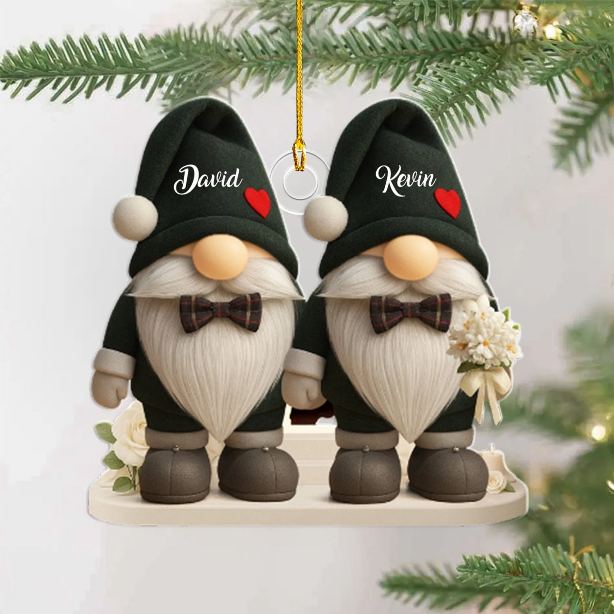 Timeless Bond, Groom And Bride With Hearts And Flowers, Personalized Acrylic Ornament, Gift For Couples