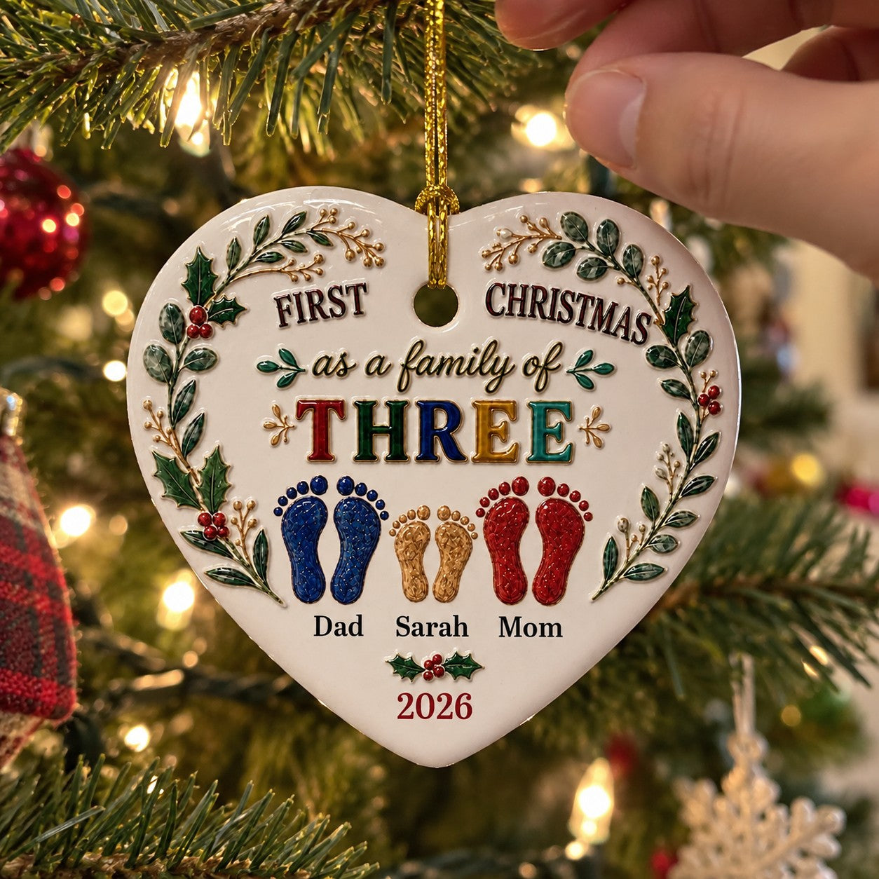 Our First Christmas Together 2026 – Personalized Names Heart Ceramic Ornament | Keepsake Gift For Couples, Newlyweds & Families