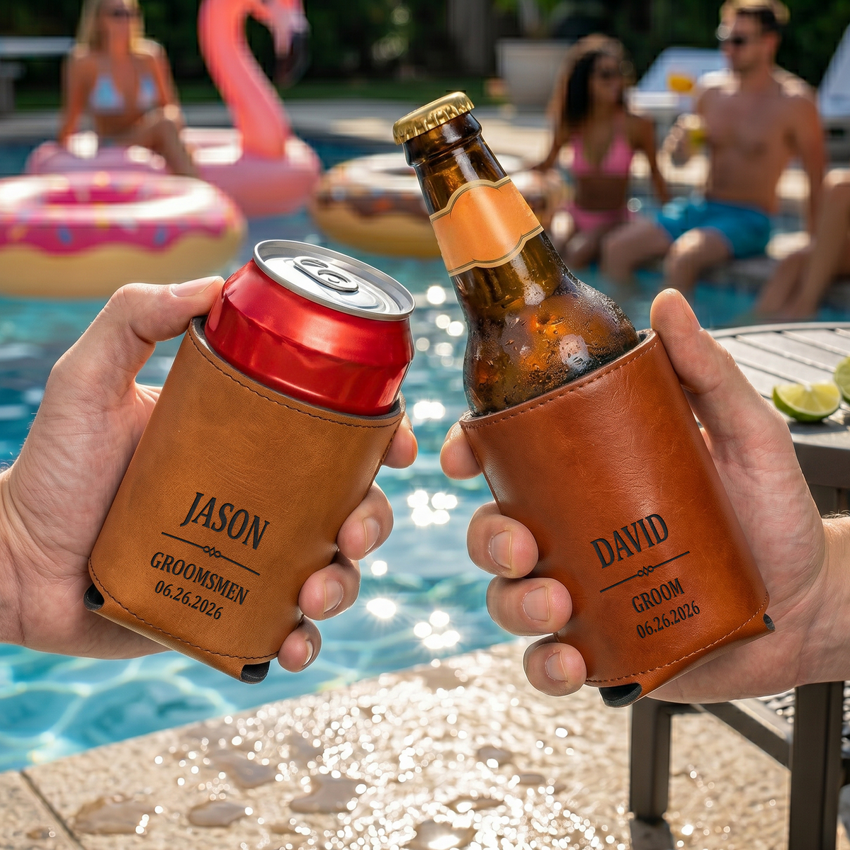 Wedding Party Favor – Personalized Engraved Can Cooler With Name & Date