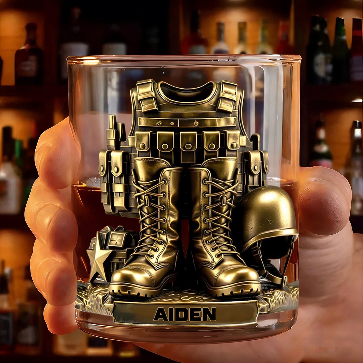 Custom Name 250th US Military Whiskey Glass Gold, Soldier Boots Whiskey Glass